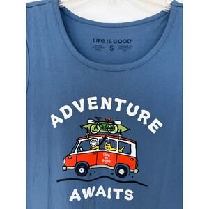 Life Is Good Adventure Awaits Blue Graphic Tank Top Mens S Gorpcore Beach Lake